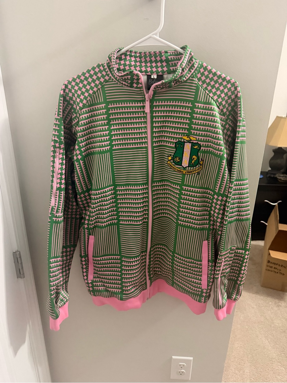 Green and Pink Patterned Zip-Front Vest with Crest